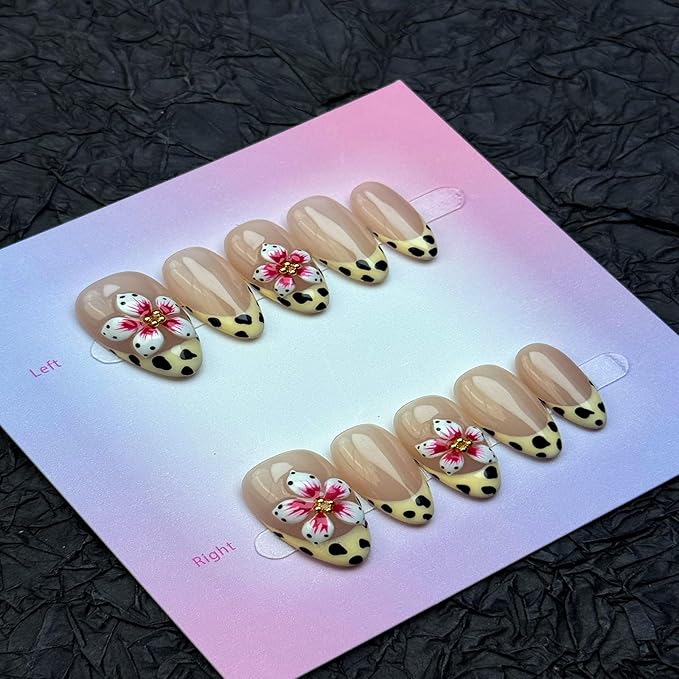 100% Handmade Press on Nails Medium Almond Handmade Nails with Pink Flower Charm Design Leopard Prints French Tip Fake Nails Glossy Skin Tone Nail Press ons Spring Summer Nail for Women Size L 10Pcs