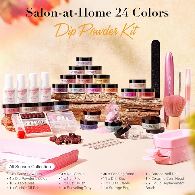 AZUREBEAUTY Dip Powder Nail Kit with Electric Nail Drill 24 Colors Summer Green Pink Orange Nail Starter Kit with Dip Liquids Base Top Coat Activator Portable Manicure French Nail Art Essential Set