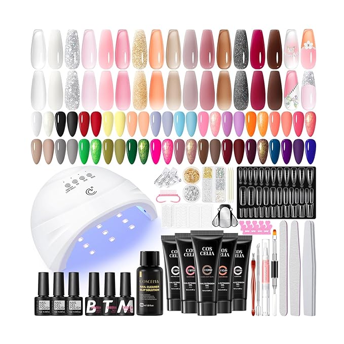 COSCELIA 67PC Two-Type Gel Nail Polish Kit with U V Light, 25pcs Gel Polish with 15 Colors Poly Extension Gels for Beginners with Everything Glitter Decorations French Manicure Gifts for Women