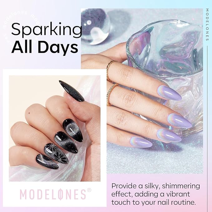modelones Cat Eye Rainbow Gel Nail Polish Silver Glitter Holographic Glass 9D Cat Eye Gel Polish with Magnet Stick Soak Off U V Nail Lamp Summer Nail Art Top Coat Manicure Salon DIY Home 15 ML