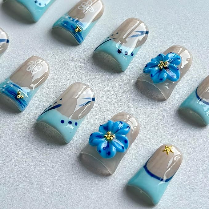 Luxury Press on Nails Short Duck Handmade 3D Unique Reusable ABS Material Fake Nails Blue French Tip False Nails with Designs Rhinestones Starfish Summer Glossy Glue on Nail Thick Acrylic Nail(M)