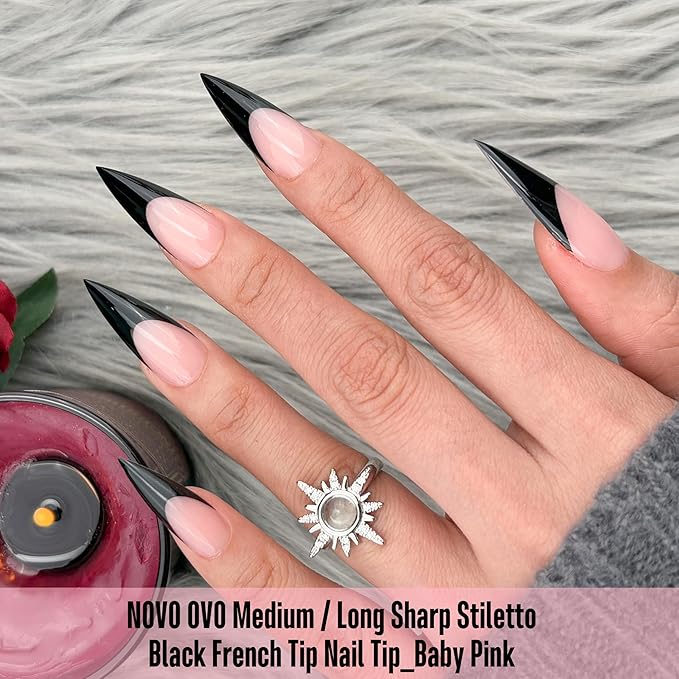 NOVO OVO Black French Tip Sharp Stiletto Pointed Medium Long Nail Tips Press on Baby Pink, Soft Gel Fake Acrylic Extension, Full Cover False Nails for Salon DIY x 16 Sizes 160 pcs