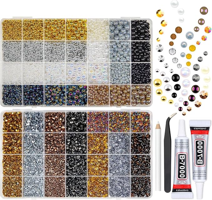 qiiipi 2 Big Boxes Metallic Color Resin Pearls and Rhinestones w B7000 Glue for Bedazzling Crafting Flatback Stones Gems Diamonds Bedazzler Kit for Nails Face Makeup Tumblers Bottles Crafts﻿ Shoes
