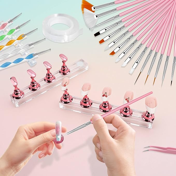 Nail Art Tools Set, 15 PCS Nail Art Brushes, Nail Stand for Press Ons, 5PCS Nail Dotting Tool and Brush Rack with Double Sided Tape Tweezers for Home Salon DIY Beginner Supplies