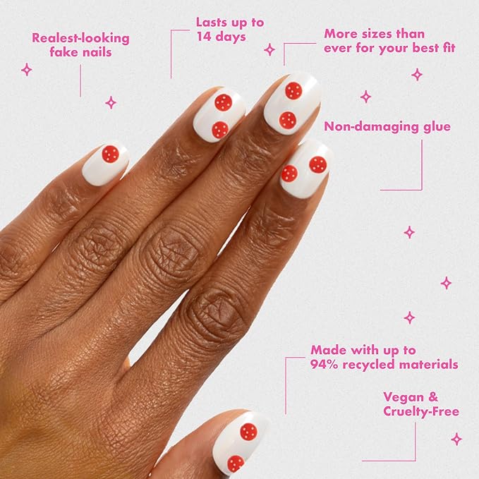 Olive & June Instant Mani Press-On Nails (Glue) | 42 Fake Nails, 21 Sizes | Non-Toxic, Long-Lasting Recycled Materials Realistic Look | Extra Short, Round | Extra Cheese Please w/stickers
