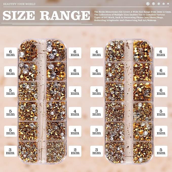 Resin Rhinestones for Crafting, 2/3/4/5/6mm Flatback Jelly Rhinestones, 2 Box Mineral Gold Non Hotfix Crystal Gems for Bedazzling Crafts Mugs Tumblers Clothes Makeup Nail
