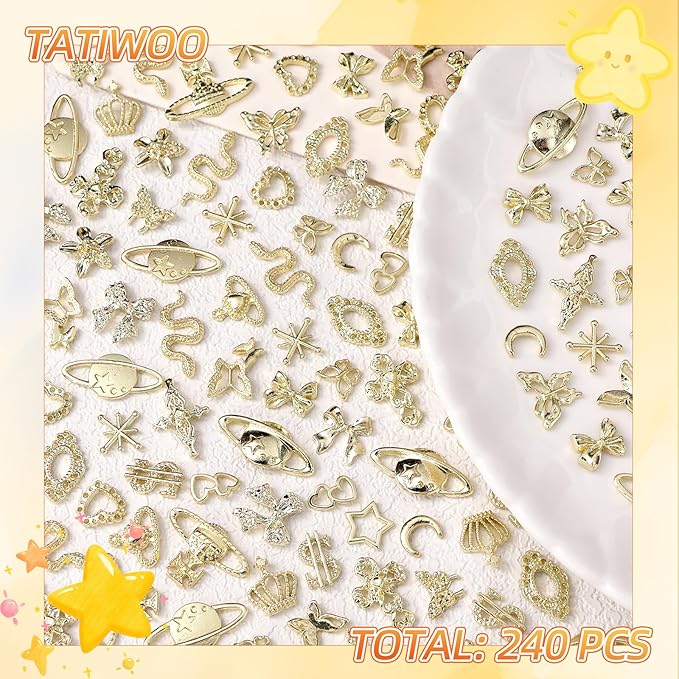 240 Pcs 3D Gold Nail Charms, Mixed Alloy Crown Bows Cross Nail Gold Charms, Golden Planet Star Metal Nail Art Charms Snake Charms for Acrylic Nails DIY Y2K Accessories