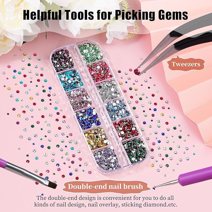 5000Pcs Resin Rhinestones for Nail Art, Small Colorful Rhinestone 2/3mm Bedazzling Flatback Crystals Nail Gems Nail Rhinestones with Pickup Tools for Manicure Decor Crafts DIY