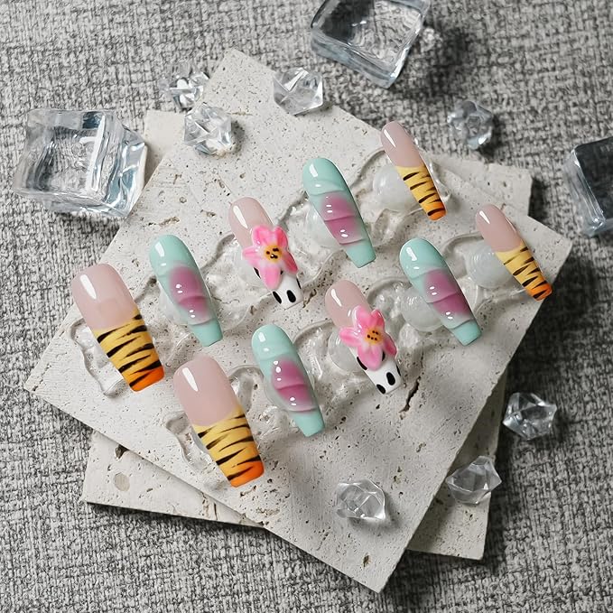 Long Coffin Press On Nails Handmade Multi-Layer Gel Fake Nails - 3D Lotus Flowers & Zebra Print, Tiger Stripe French Tip Glossy Thick Acrylic Nails (Zebra with Lotus, M)