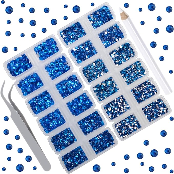 10000 Pieces Rhinestones 6 Sizes Round Crystal Glass Flat Back Rhinestones with 1Tweezers and 1Picking Pen for Nail Art Crafts Clothes Bags DIY (Blue Zircon)