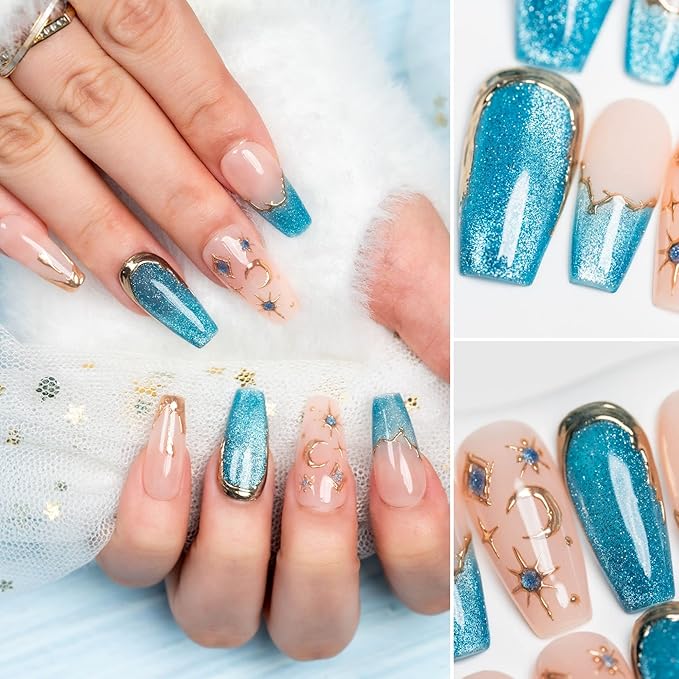 Sun&Beam Nails Handmade Press-On Medium Long Coffin Ballerina with Pink Blue Gold Color 3D Design Charm Cat Eye Cute False Nail Tips 10 Pcs (#82 S) (FN-HM-082-S.AU)
