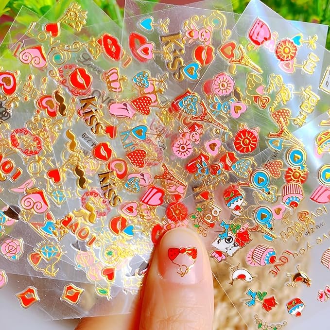 30 Sheets Valentine's Day Nail Art Stickers 3D Self-Adhesive Red Heart Nail Decals Cute Rose Lip Kiss Nail Supplies DIY Acrylic Nails Decoration Accessories for Women