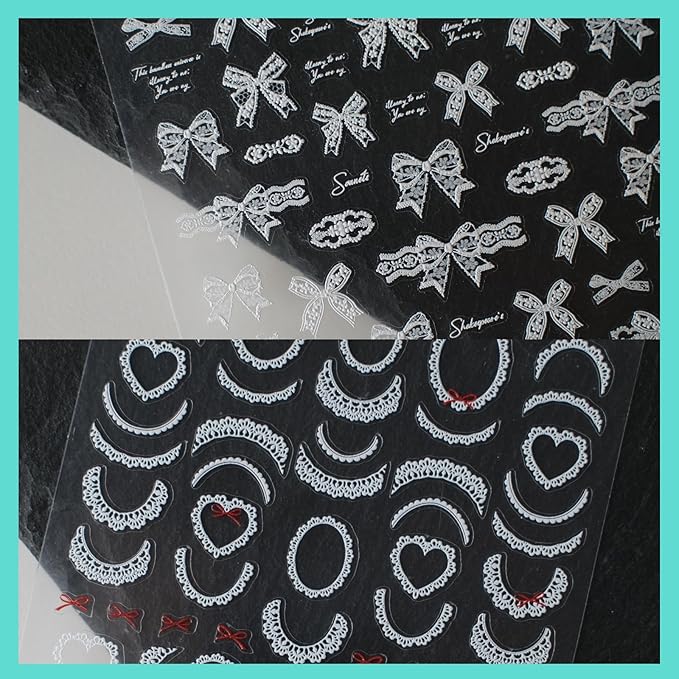 White Ruffle Lace Nail Art Stickers, Butterfly Theme Decals, Self-Adhesive, Nail Accessories for Women, French Decorations 3 Sheets
