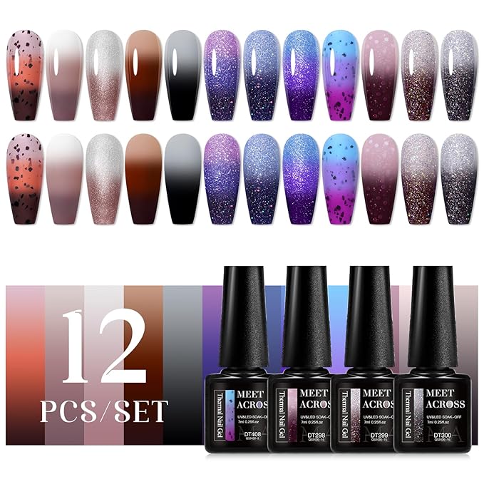 MEET ACROSS 12PCS Color Changing Gel Nail Polish Set Glitter Temperature Mood Changing Color Changed Gel Soak Off Nail Art Design Kit Manicure at Home DIY Special Gifts for Women Girls