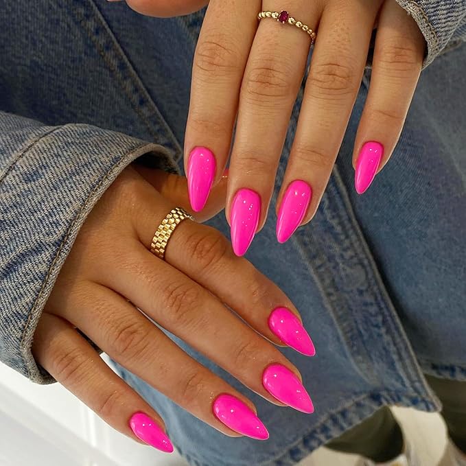 Hot Pink Press On Almond Shaped 48pcs Neutral Thick Fake Nails - Medium Neon Almond Reusable Acrylic Glue On Medium Length Stiletto False Gel Artificial Nails