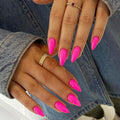 Hot Pink Press On Almond Shaped 48pcs Neutral Thick Fake Nails - Medium Neon Almond Reusable Acrylic Glue On Medium Length Stiletto False Gel Artificial Nails