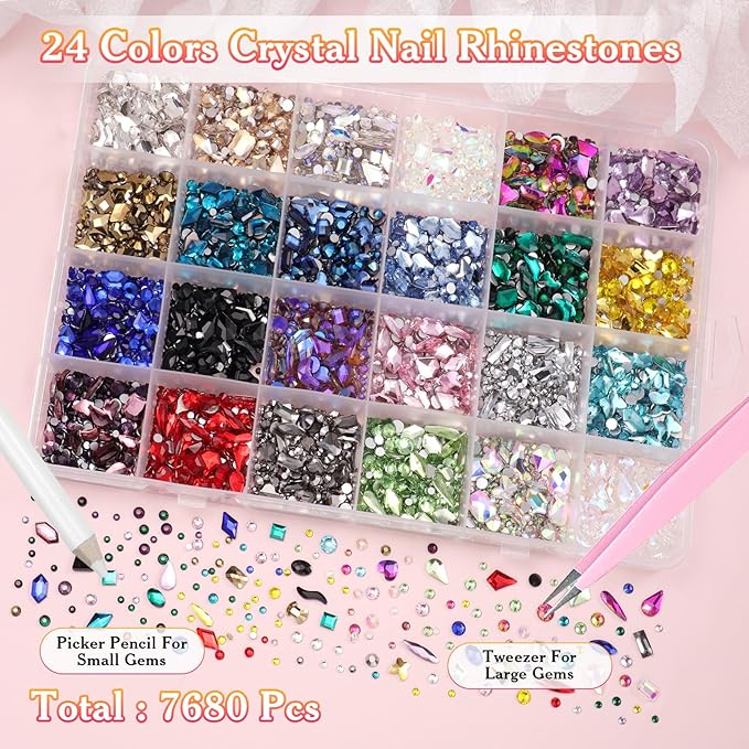 7680Pcs Crystal Nail Rhinestones, 24 Styles Rhinestones for Crafting, Multi Shapes Size Colors Flatback Rhinestone Bedazzled Gems for Nails Face Eyes Makeup Crafts Clothes Tumbler