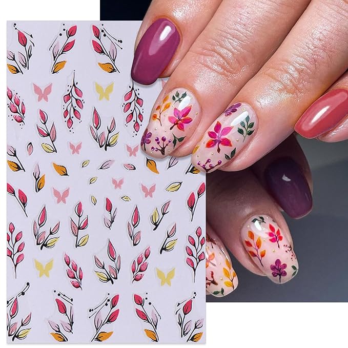 8 Sheets Fall Leaves Nail Stickers - Autumn Orange & Black Flowers Self-Adhesive 3D Nail Decals for Women Girls DIY Thanksgiving Day Floral Manicure
