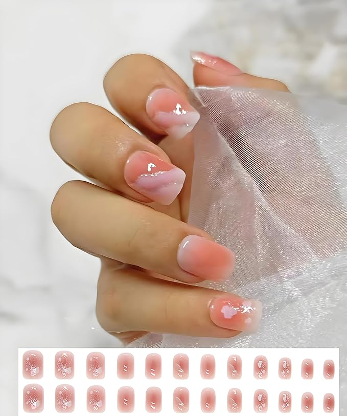 Pre-Designed Short Square Press on Nails Kit, 168 Pieces, 7 Designs Fake Nails, with 2 Bottles Reliable hold Nail Glue and Nail tools, All in 1 Stick on Nails (Short Square finger nail kit)