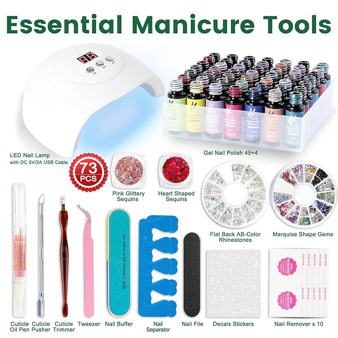 Lavender Violets 73 Pcs Gel Nail Polish Kit with U V Light, 45 Colors with Nail Primer,Builder Base,Matte & Glossy Top Coat Soak Off Manicure Tools Gifts for Women LA07