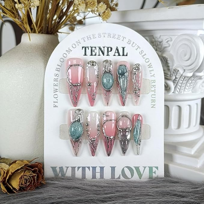 Long Stiletto Press on Nails,Pink-Silver Holographic Gradient Hand-Painted Moons Fake Nails with 10pcs Tools,3D Cat Eye Glitter False Nails,Edgy Meteors Design Sweet-Edge Metal Nails(L)
