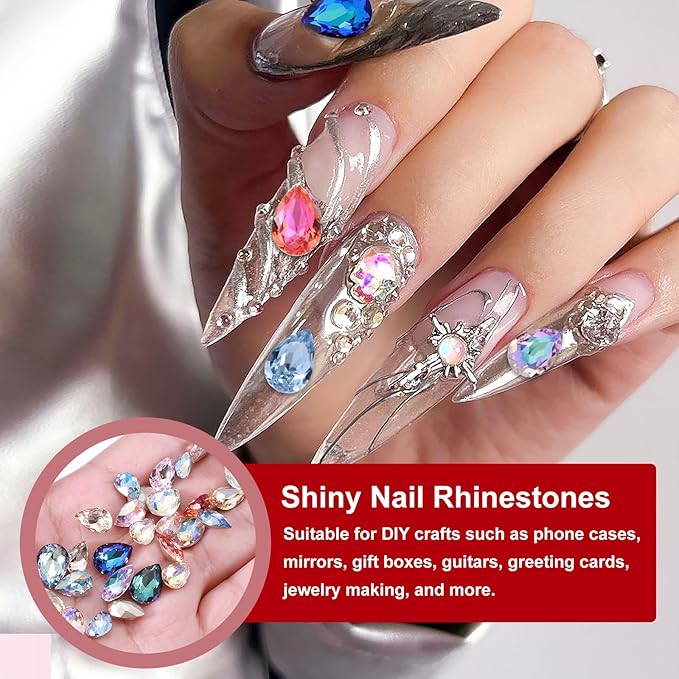 MECCANIXITY 48 Pcs 3D Teardrop Rhinestones Diamond Nail Charm Crystal Pointback K9 Glass Rhinestones Crystal Gems for Jewelry Making, Craft, 8x12mm, AB Transparent