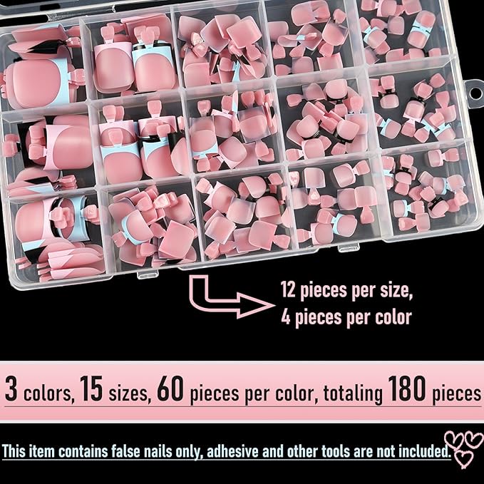 French Tip Toe Nail Press Ons, 180pcs Toenails Sharp Square for Women, Pre-Designed Soft Gel Thick False Toenail Extension, Pink Blue Black French Tip Full Cover Acrylic Nails 15 Sizes