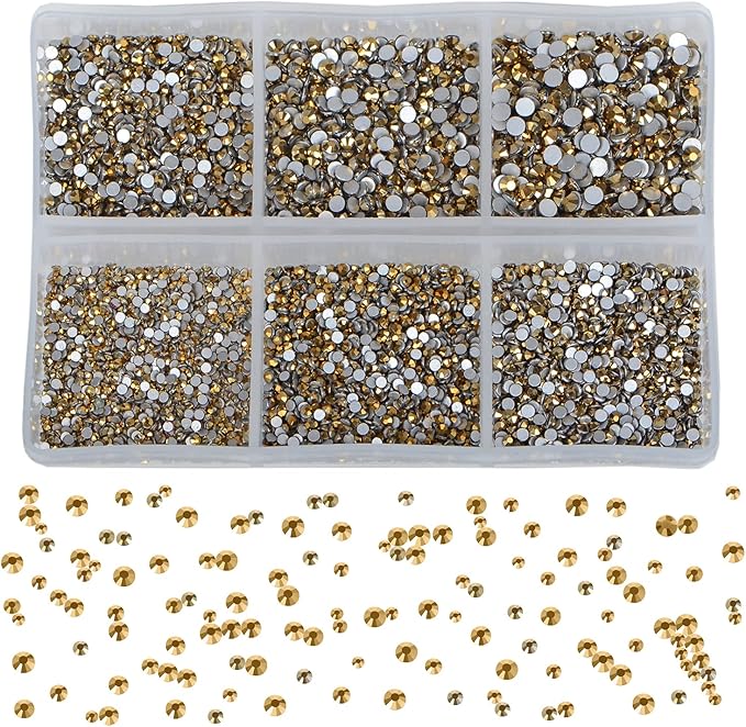 Bymitel 7200 Pieces 6 Mixed Sizes Glue Fix on Glass Rhinestones Round Crystal Gems Flatback for DIY Jewelry Making with one Picking Pen (6-Sizes 7200PCS, Aurum)