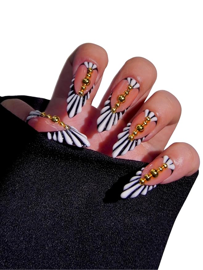 HAND-PAINTED White Press Ons Neon Small Press on Nails Long French Press on Nails Coffin Medium Short Nail art Fake Nail Art Kit with 7g Glue on Nails Handmade Almond Square Nails (TJ60, X-Small)