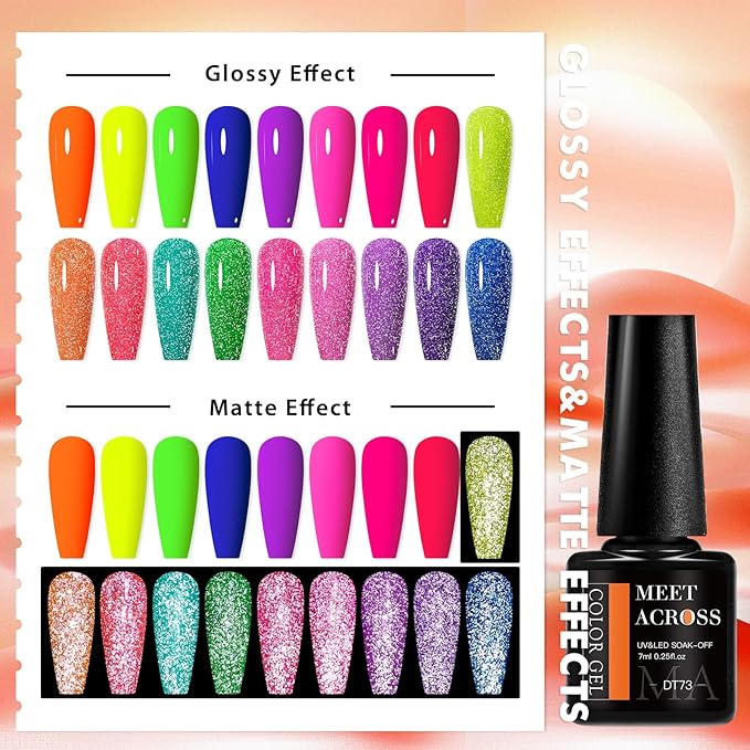 MEET ACROSS 18 Colors Gel Nail Polish Set Neon Gel Polish + Reflective Glitter Neon Gel Nail Polish Hot Pink Purple Green Soak Off UV/LED Nail Polish Kit for Party Nails