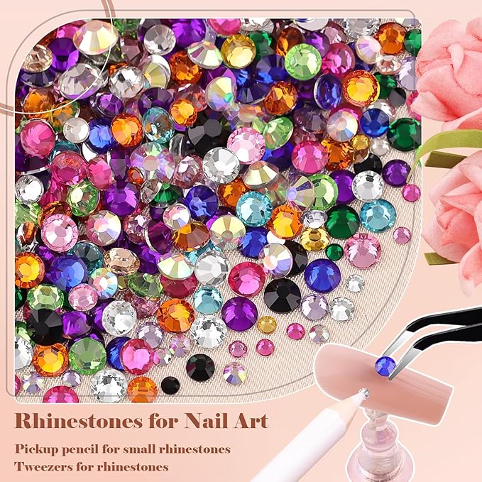 BELLEBOOST Nail Art Rhinestone Kit, 15ml Rhinestone Gel Glue+Colorful Gems+Flatback Glass Crystal AB&Clear Gemstones with Pickup Tools for Bedazzling Nail and Face Makeup