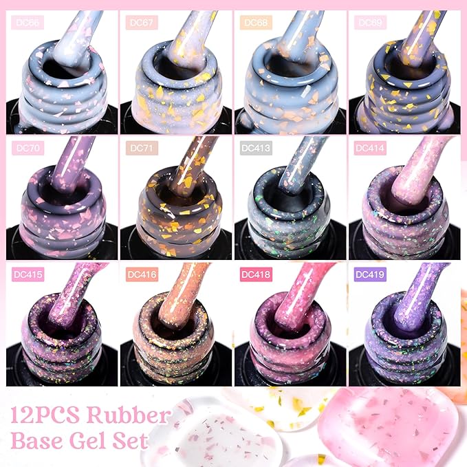 MTSSII 12 Colors Rubber Base Gel Set, Jelly Builder Gel Nude Sheer White Pink Purple Gold Foil Cloud-pattern Brocade 2-in-1 Soak Off Base Nail Strengthener Kit