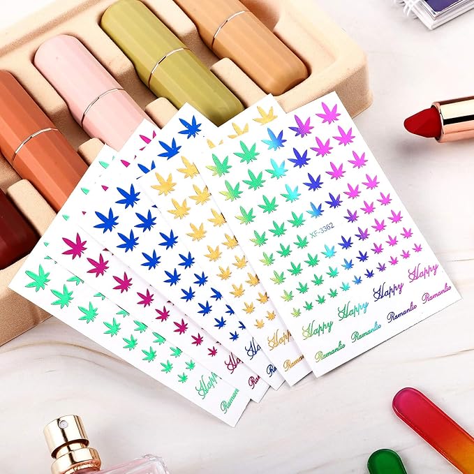 12 Sheets Colorful Leaf Nail Decals - Self-Adhesive Pot Leaves Nail Stickers for Women