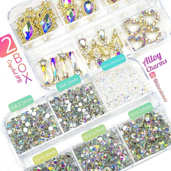 24pcs Crystal AB Luxury Nail Charms +2000pcs Crystal White AB Rhinestones 3D Big Nail Gems K9 Glass Nail Crystals Diamonds Jewels Stones Alloy Nail Art Studs Decor Supplies for Nails Crafts DIY