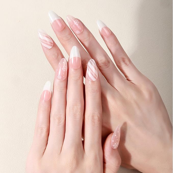 20pcs Christmas Semi Cured Gel Nail Strips - Salon-Grade DIY Wraps with Glaze Texture, Easy Application, UV Light Required for Festive Nails(Pink White Snowflake Winter)