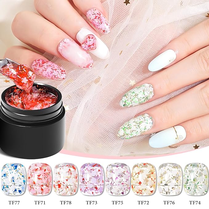 MEET ACROSS 9Pcs Glitter Gel Nail Polish Set Petal Gel Polish Kit with 1Pc Nail Brush, Soak Off Nail Art Design Salon at Home DIY Manicure Kit Gifts for Women Girls 8 Colors