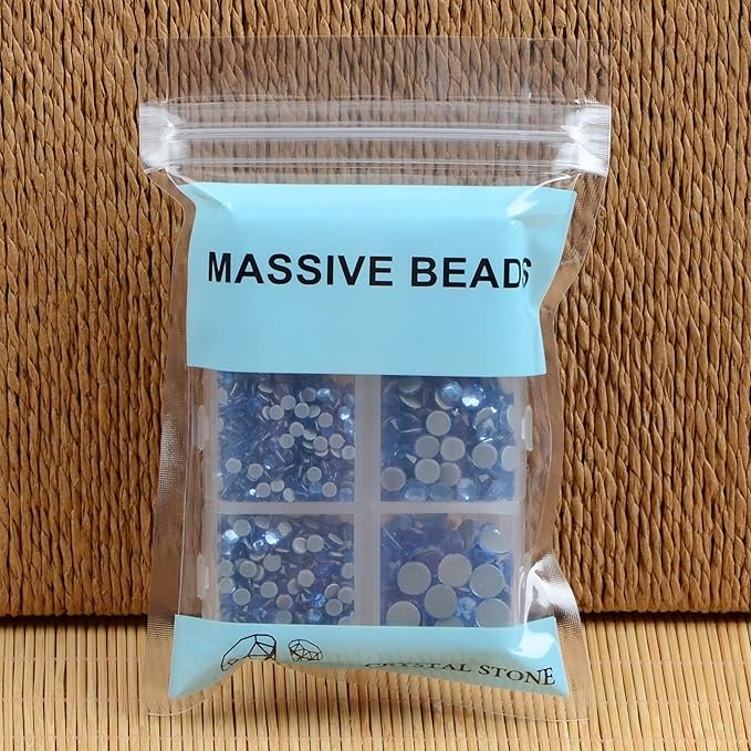 4000Pcs Mixed Size Hot Fix Round Crystals Gems Glass Stones Hotfix Flat Back Rhinestones (Light Blue)