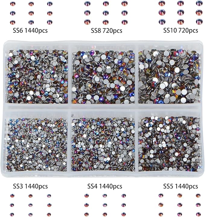 Bymitel 7200 Pieces 6 Mixed Sizes Glue Fix on Glass Rhinestones Round Crystal Gems Flatback for DIY Jewelry Making with one Picking Pen(6-Sizes 7200PCS, Blue Volcanic)