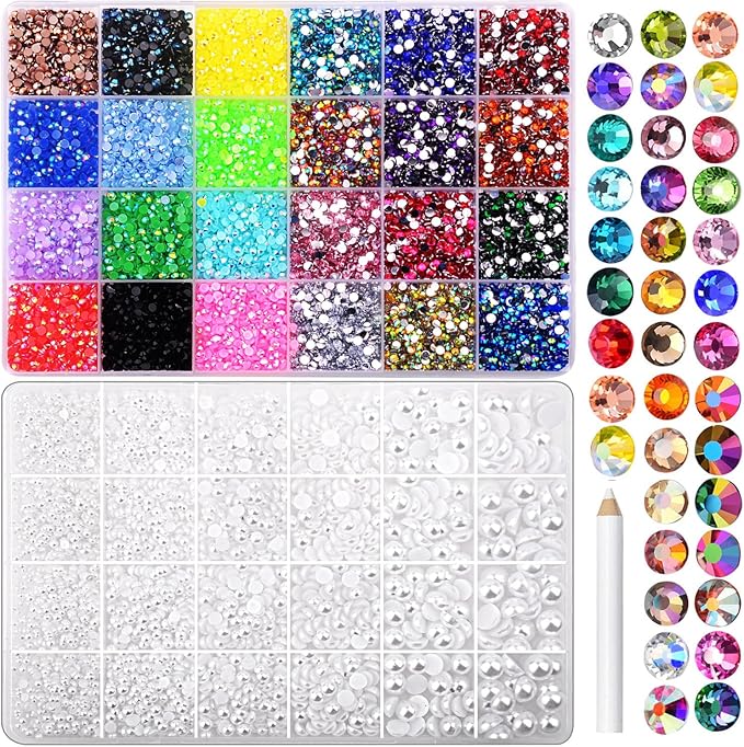 40000Pcs Gems for Crafting,Resin Jelly Rhinestones, 24 Color 3mm Flatback Gems with 24 Grid White Flatback Pearl for Diamond Art DIY Crafts Clothing Shoes Nail Art Decoration ZS004