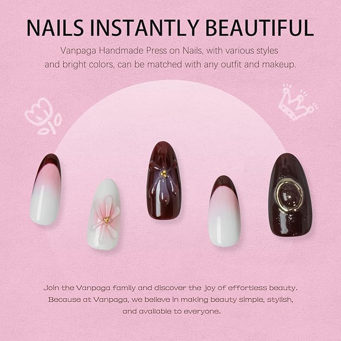 Handmade Press-on Nails Acrylic Almond Shape with 3D Jelly Flowers, Red French Tip & White-Pink Ombre – Short Soft Gel Nails Kit, Reusable Stick-on Nails, Ideal Gift for Women (Size S)