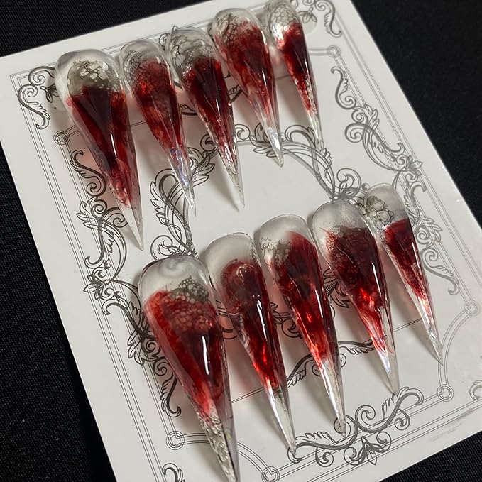 Halloween Press on Nails Luxury Long Stiletto Handmade Eagle Claw Reusable ABS Material Curved Fake Nails Lace Blood Gradient Design Cat Claw Glossy Glue on Nail Transparent Thick Acrylic Nails(M)