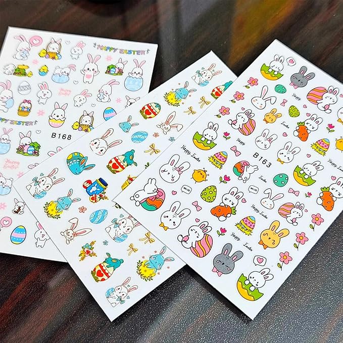 Easter Bunny Nail Art Stickers Decals 3D Self-Adhesive Nail Art Accessories Cartoons Rabbit Animal Flower Designs Sticker Lovely Rabbit Manicure DIY Nail Decorations 12 Sheets