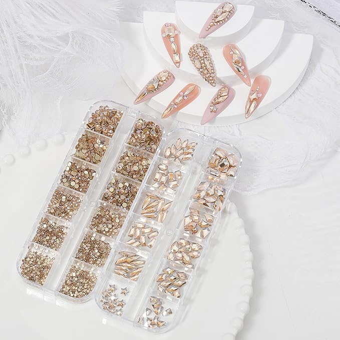 Nail Rhinestones - 3D Multi Shape Size, Flat Back, Manicure Rhinestones Charms, Champagne Gold Gems, with Kit, for Nail Art, Bedazzling Acrylic Nails, DIY Decor
