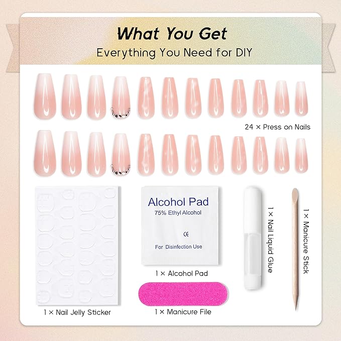Ballerina Press on Nails Extra Long, Glossy Ombre Rhinestone Fake Nails Coffin Nude Pink Acrylic Press Ons for Women, Natural Fit Full Cover Glue on Nails in 12 Sizes - 24 Pieces Nail Kit