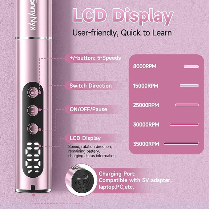 Cordless Electric Nail Drill 35000 RPM, Professional Nail File Kit with LCD Display, 12 Bits & 36 Sanding Bands, for Acrylic Gel Nails, Pet Claws, Salon & Home Use(Rose Gold)