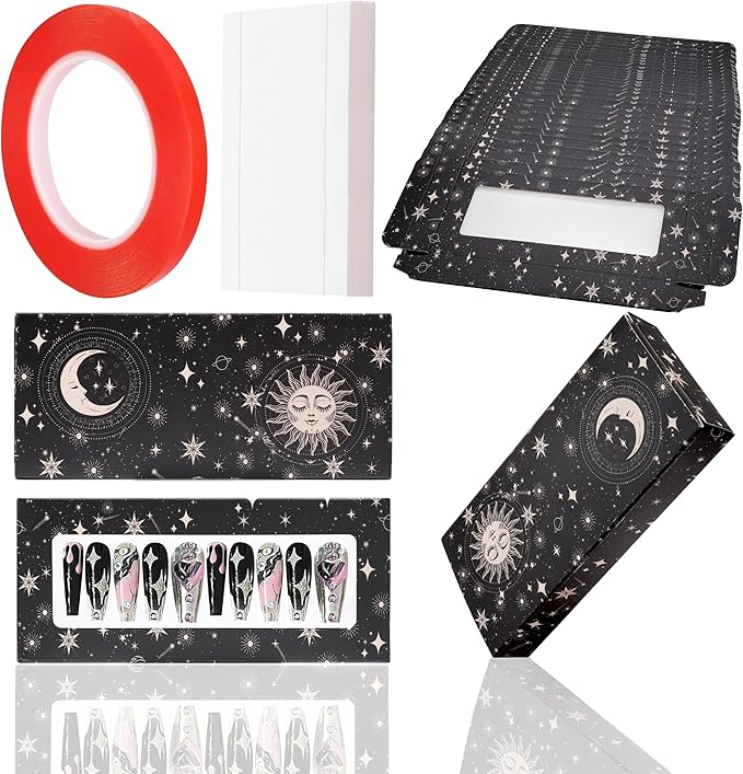 71 Pcs Empty Press on Nails Packaging Box 35 Pcs White Background Papers and 1 Double Sided Tape, Empty Nail Package Box Set for Press on Nail Business (Black Sun Moon)