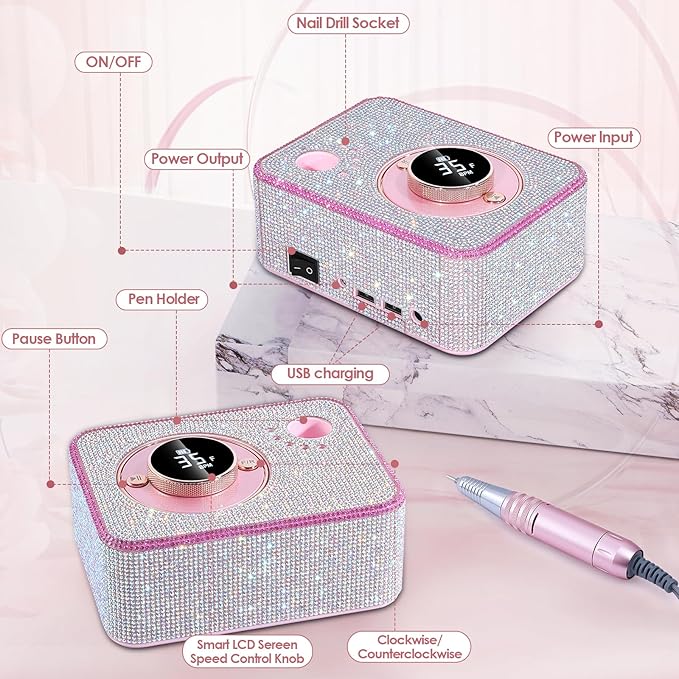 Electric Nail Drill 35000 RPM, Professional Rechargeable Nail File Kit, Nail Drill Machine, Acrylic Nail Kit for Any Manicure, Pedicure, Ideal Nail Art Tools, Designed for Salon, Home