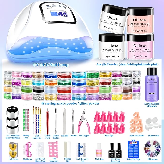 Acrylic Nail Kit Set Professional Acrylic with Everything, 120w LED UV Nail Lamp for Builder Gel, 52 Colors Glitter Acrylic Powder and Monomer Acrylic Nail Liquid for Beginners with Acrylic Brushes