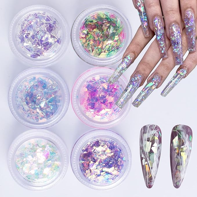 Holographic Mermaid Nail Sequins,6 Jars Chunky Glitter Colorful Fluorescent Glass Paper Iridescent Flakes Sticker for Makeup Decoration Women Party DIY Accessories Sequins Glitters Set