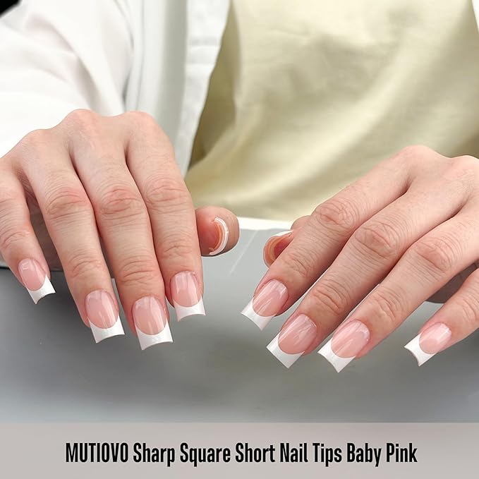 White French Tip Short Straight Square Nail Tips Press on, BABY PINK Extra Thick NEED Soft Gel Nail Extension, Need Builder gel & Top,Coat Full Cover False Nails, for DIY x 15 Sizes 150 pcs